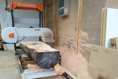 Einschnitt eines massiven Baumstamms mit einer horizontalen Bandsäge vom Typ Logosol B1001 im Außenbereich unserer Tischlerei. Das Sägeblatt trennt gerade eine dicke Bohle vom Stamm ab, wobei feines Sägemehl an der Seite aufgeschichtet ist.