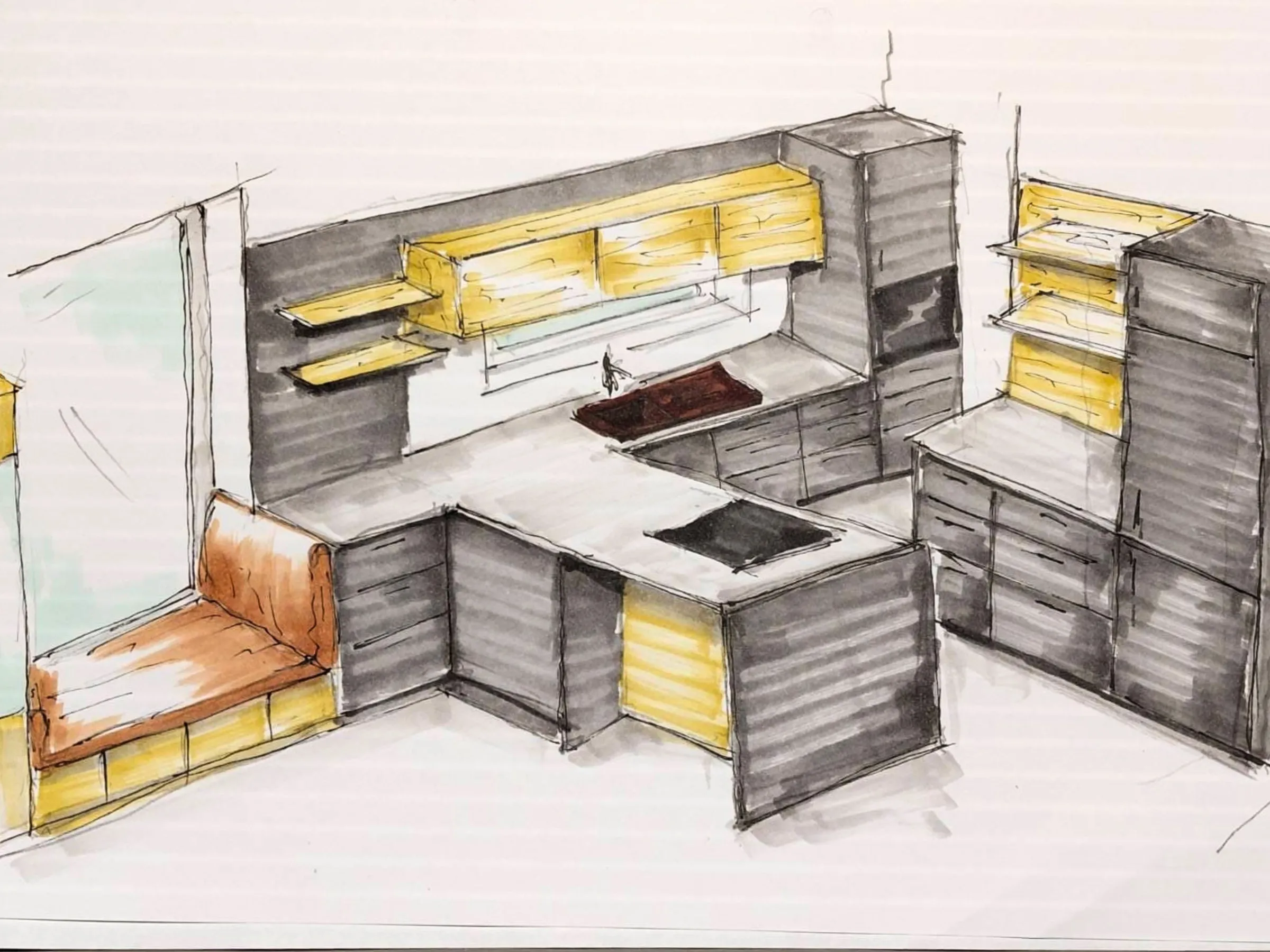 Handskizze einer Maßküche mit antrazithfarbigen MDF-Platten und Massivholzelementen